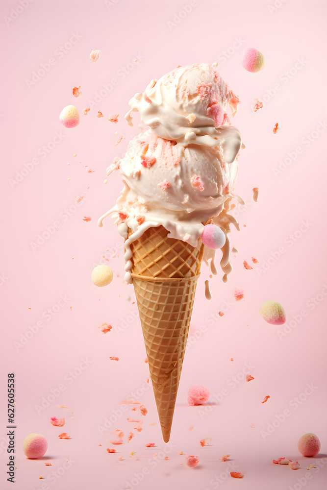 a clean detailed studio photo of a huge ice cream waffle cone with dripping sweet ice cream flying in the air on pink background. Food ingredient levitation. Generative AI technology - obrazy, fototapety, plakaty 