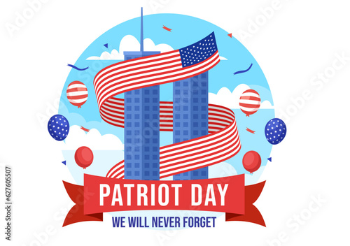 Happy USA Patriot Day Vector Illustration with United States Flag, 911 Memorial and We Will Never Forget Background Design Hand Drawn Templates
