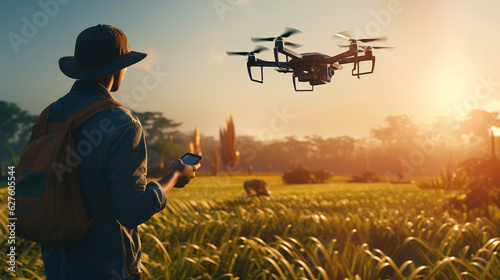 Farmer controls drone with his smartphone. Agricultural drone flying over a field. Smart farming and agriculture