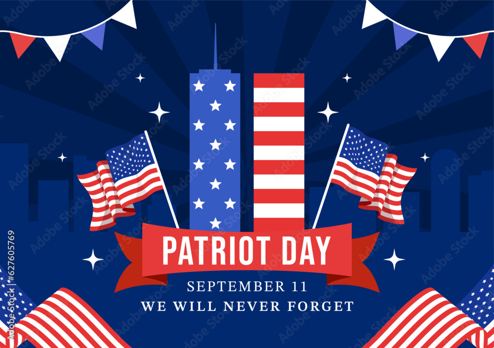 Happy USA Patriot Day Vector Illustration with United States Flag, 911 Memorial and We Will Never Forget Background Design Hand Drawn Templates