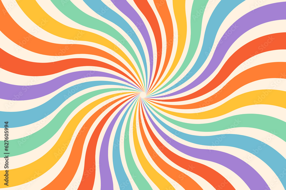 Groovy abstract rainbow swirl background. Retro vector design in 1960-1970s style. Vintage sunburst backdrop. Colorful summer hippie carnival illustration