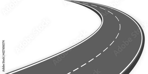 Curved road with white markings. Asphalt highway. Winding highway isolated on transparent background.