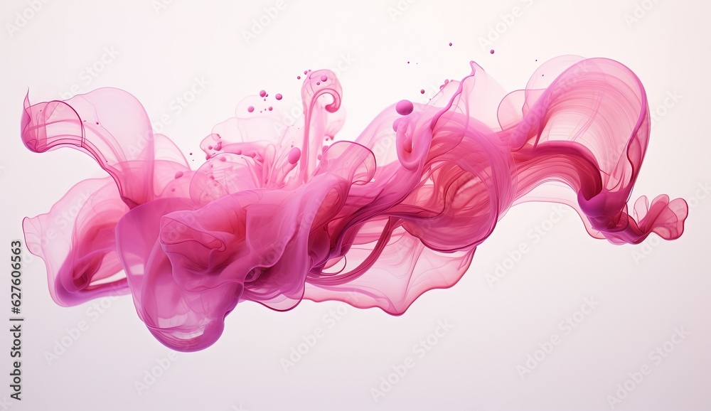Naklejka premium Generative AI, Flowing light pink, viva magenta smoke with splashes. Soft fluid banner, spring female mood, 3D effect, modern macro realistic abstract background illustration, ink in water effect..