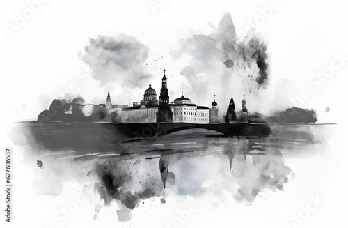 Moscow in black and white colors  water color. AI generative content