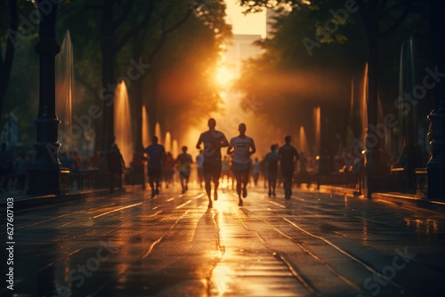 People jogging in park during sunset, Motion Blur, Generative AI © itchaznong