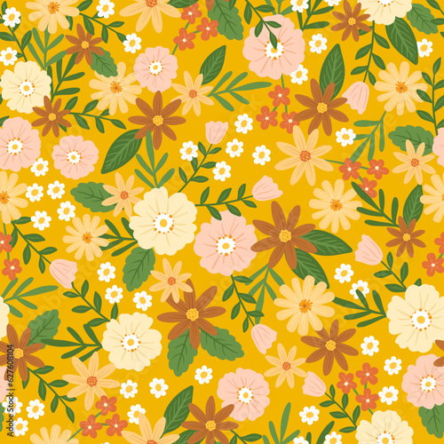 sweet floral in yellow and brown tone, seamless pattern for woman wear, background, fabric, textile, wrapping paper, and wallpaper