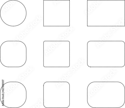 Dashed line basic geometric shapes. Dashed outline of circle, oval, square, triangle and star. Icon of cut frame. Vector illustration