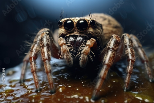 realistic of a jumping-spider's with water droplets, ai generated.