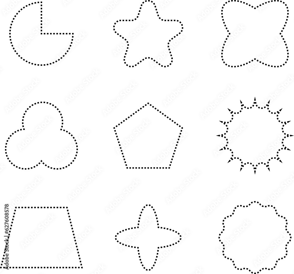 Dashed line basic geometric shapes. Dashed outline of circle, oval, square, triangle and star. Icon of cut frame. Vector illustration Dashed line basic geometric shapes. Dashed outline of circle, oval, square, triangle and star. Icon of cut frame. Vector illustration