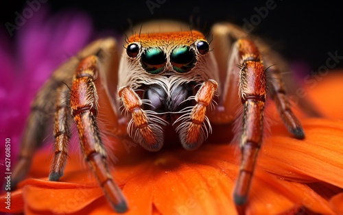 Zoom in on a stunning macro shot of a jumping spider poised on a delicate flower petal, ai generated. 