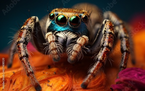 Zoom in on a stunning macro shot of a jumping spider poised on a delicate flower petal, ai generated.  © Rainbow Kuma