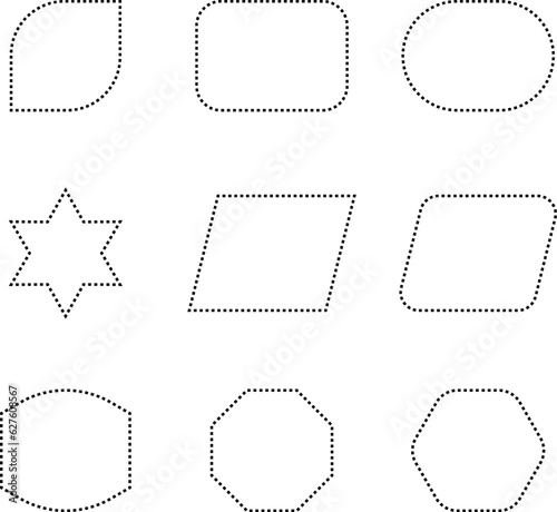 Dashed line basic geometric shapes. Dashed outline of circle, oval, square, triangle and star. Icon of cut frame. Vector illustration