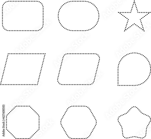 Dashed line basic geometric shapes. Dashed outline of circle, oval, square, triangle and star. Icon of cut frame. Vector illustration