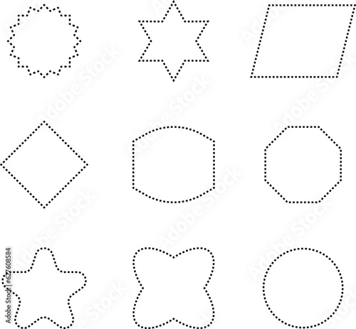 Dashed line basic geometric shapes. Dashed outline of circle, oval, square, triangle and star. Icon of cut frame. Vector illustration