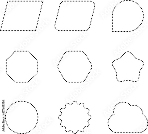 Dashed line basic geometric shapes. Dashed outline of circle, oval, square, triangle and star. Icon of cut frame. Vector illustration