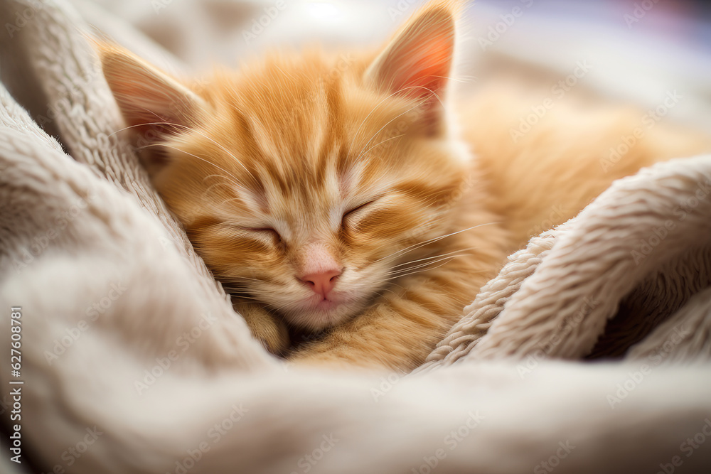 Adorable little orange kitten sleeping on a furry white blanket after being tired from playful, ai generated.
