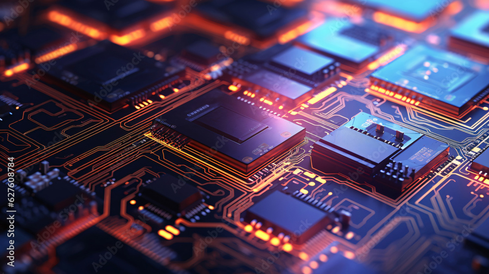 Obraz premium an abstract image of an electronic circuit board, in the style of isometric, colorful futurism, ai generated.