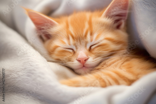 Adorable little orange kitten sleeping on a furry white blanket after being tired from playful, ai generated.  © Rainbow Kuma