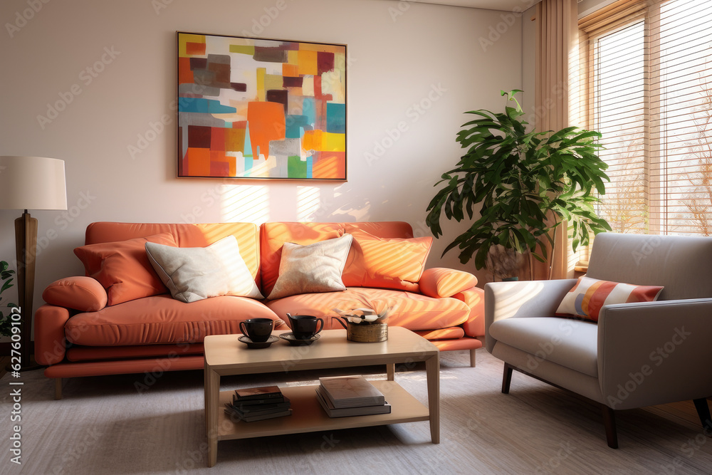 Fototapeta premium A small modern living room, cleverly designed for functionality and style, ai generated. 