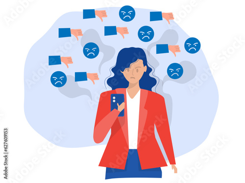 ​​Cyber ​​Bullying concept,woman looking at dislikes and negative comments on social network, Cyber bullying  online abuse concept. funny vector illustrator