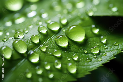 macro the water drop on green, close up, in the style of photorealistic detailing, ai generated. 