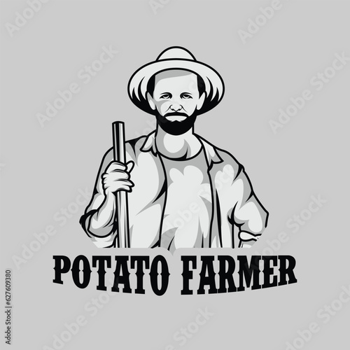 Potato Farmer Badge Emblem, Farmer Vintage Detailed Logo Vector Black and White