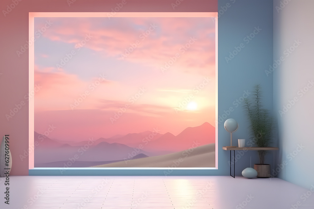 3d rendering, interior design: a pastel wall background, sunset lighting. Generative AI
