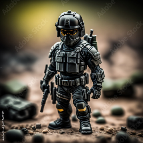 Macro photography of a miniature commando in forest with his arms figurine insert activity and object here. AI Generative
