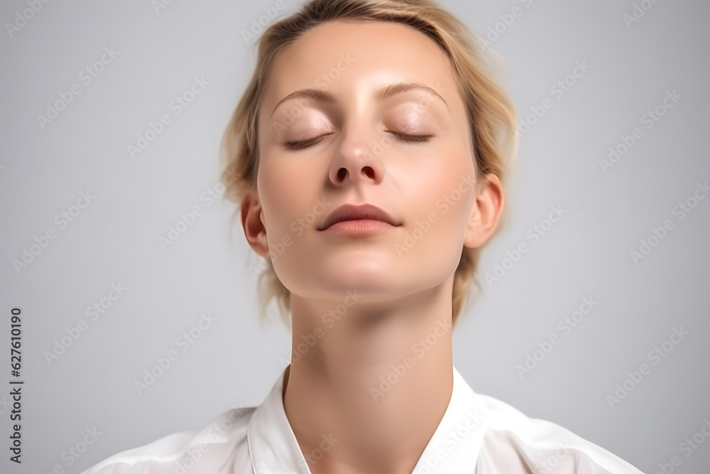 A Caucasian woman practicing mindfulness meditation, finding serenity, isolated on perfect white background. Generative AI