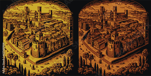 vector image of a medieval city with a fortress book printing graphic