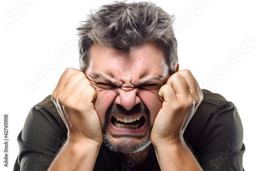 A Caucasian man gripping his hands tightly in frustration, his face contorted with disappointment and anger, isolated on perfect white background. Generative AI