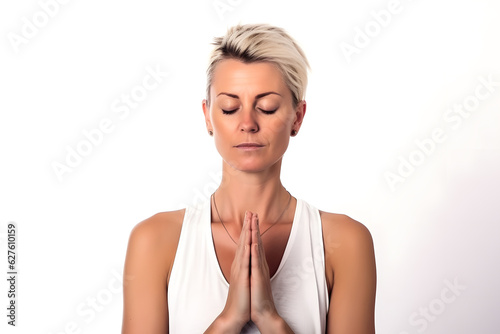 A Caucasian woman practicing mindfulness meditation, finding serenity, isolated on perfect white background. Generative AI