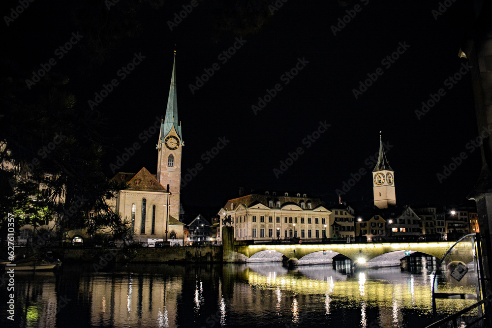 Limmat Riverbanks by Night in Zurich Old Town - Switzerland