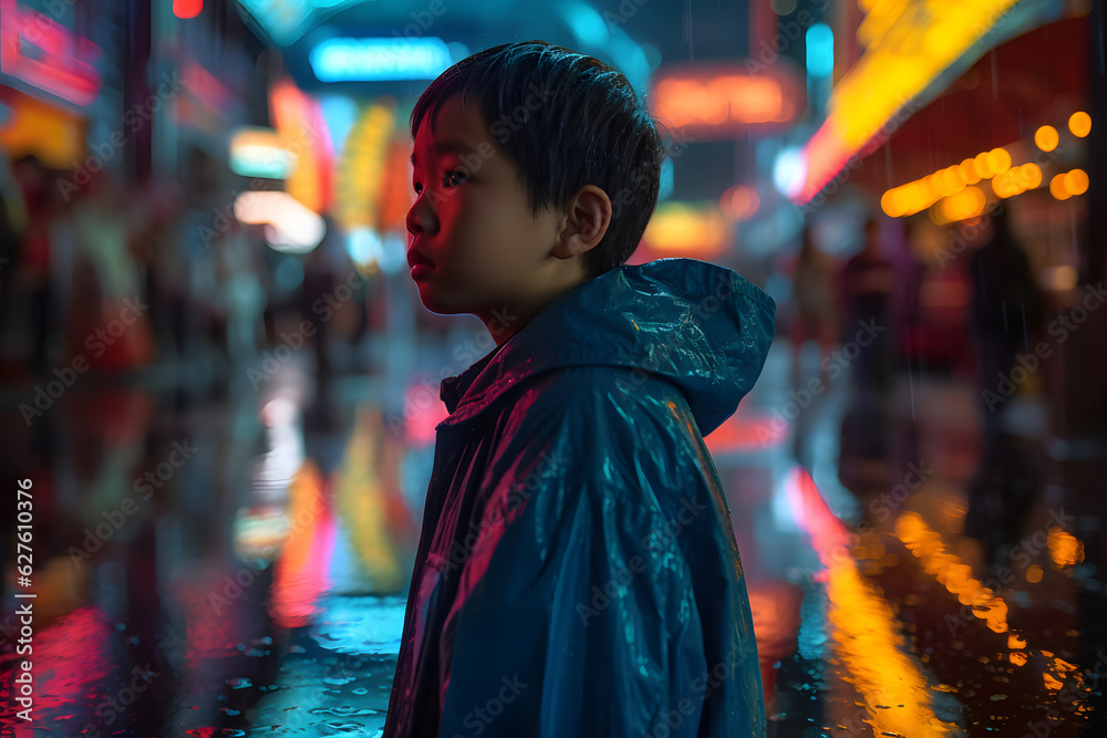 A young Asian boy walking along a rain-soaked street, his face highlighted by the reflections of neon signs on the wet pavement. Joy and contemplation. Generative AI
