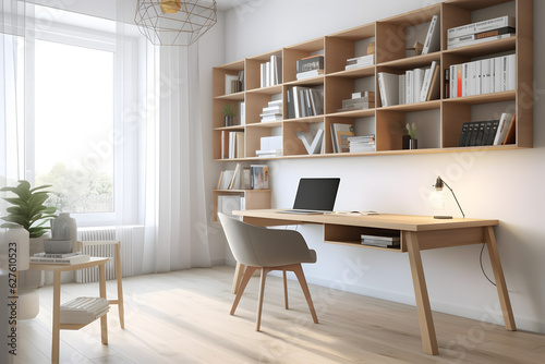 Bright and airy study room with a minimalist desk, ergonomic chair, and wall-to-wall bookshelves. Generative AI