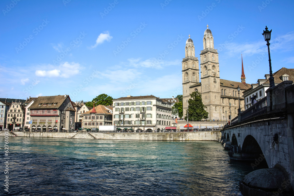 The Grossmunster by the Limmat River Banks - Zurich, Switzerland