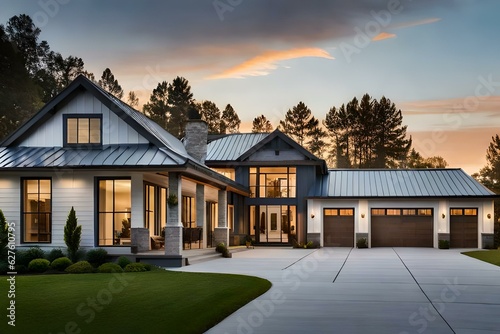 Print op canvas Beautiful modern farmhouse style luxury home exterior at twilight