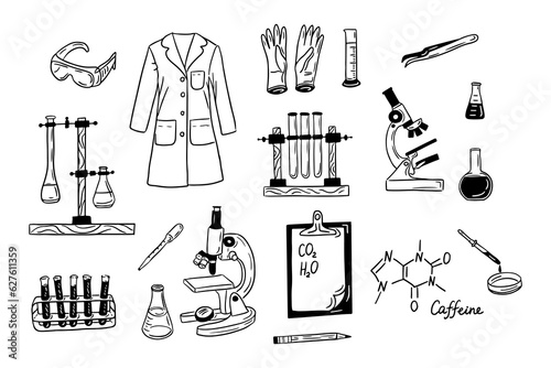 Collection of hand drawn doodle science items. Vector isolated outline elements on white background. Test tubes, microscope, pipettes, tripod. Sketch design. Ideal for coloring pages, stickers, tatoo
