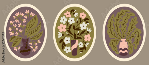 Groovy retro abstract floral posters in oval form. Set of flat vector vintage illustrations. Perfect for posters, interior decoration, t shirt print, social media graphics, wall art, printout