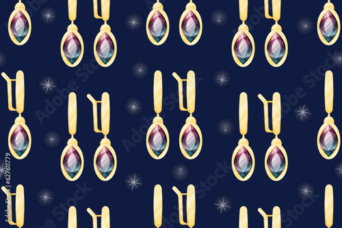 Golden royal pair of earrings with ruby gemstone. Vector seamless pattern, women expensive treasure jewelry or bijouterie.