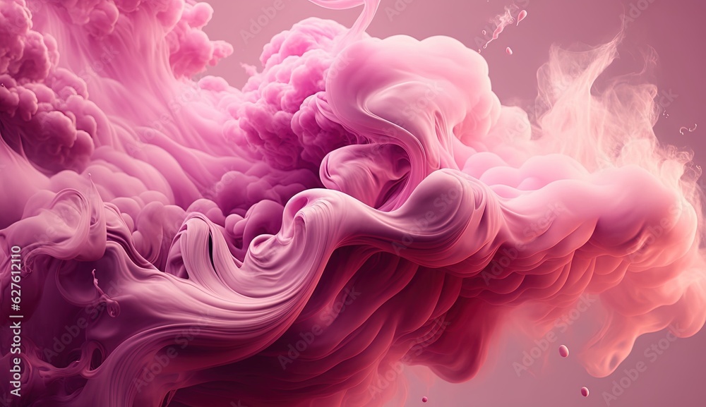 Generative AI, Flowing light pink, viva magenta smoke with splashes. Soft fluid banner, spring female mood, 3D effect, modern macro realistic abstract background illustration, ink in water effect..