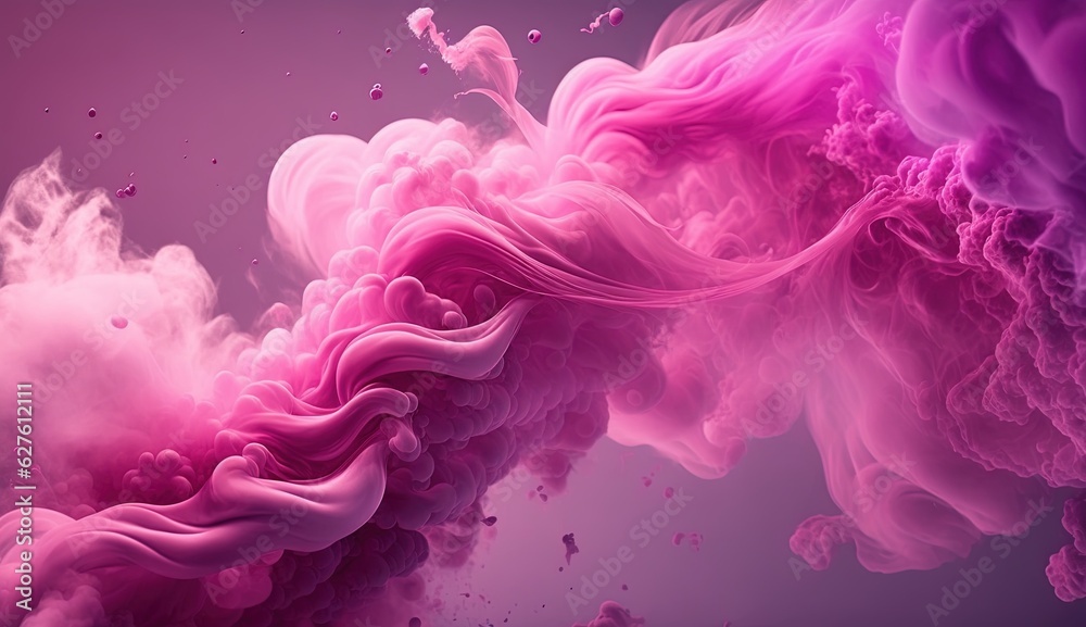 Generative AI, Flowing light pink, viva magenta smoke with splashes. Soft fluid banner, spring female mood, 3D effect, modern macro realistic abstract background illustration, ink in water effect..
