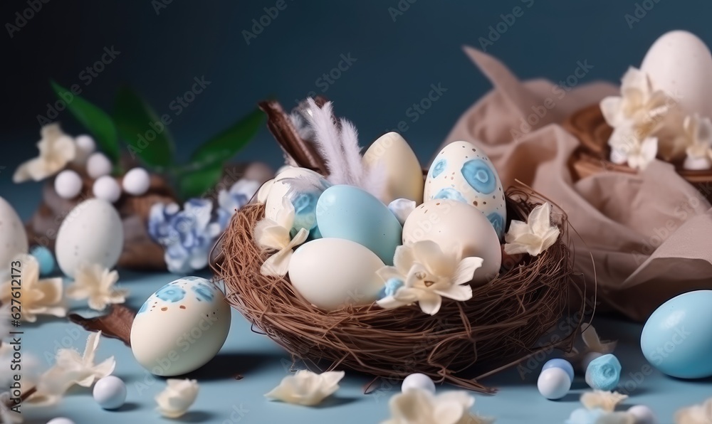 Easter decoration with eggs, sweets, and flowers on beige background.