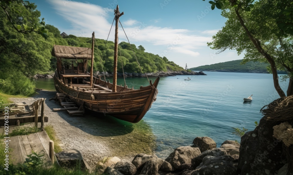 Norse vessel secured by the shore, Vikings disembark Norse vessel secured by the shore, Vikings disembark
