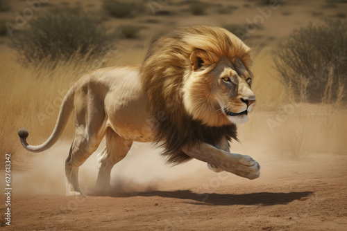 a large lion running across a dirt field  a photorealistic  generative AI
