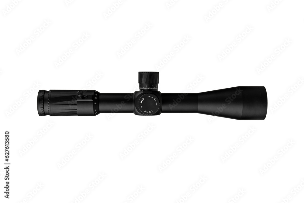 Modern sniper scope on a white background. Optical device for aiming and shooting at long distances. Modern sniper scope on a white background. Optical device for aiming and shooting at long distances.