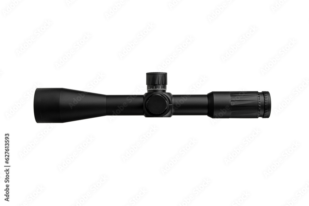 Modern sniper scope on a white background. Optical device for aiming and shooting at long distances. Modern sniper scope on a white background. Optical device for aiming and shooting at long distances.