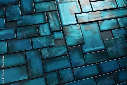 3D Render of Polished Blue Patina Tile Wallpaper with Rectangular Blocks for a Stunning Wall Background