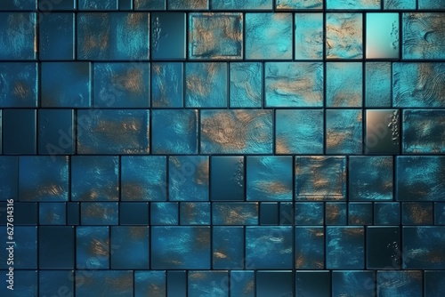 3D Render of Polished sky-blue Patina Tile Wallpaper with Rectangular Blocks for a Stunning Wall Background