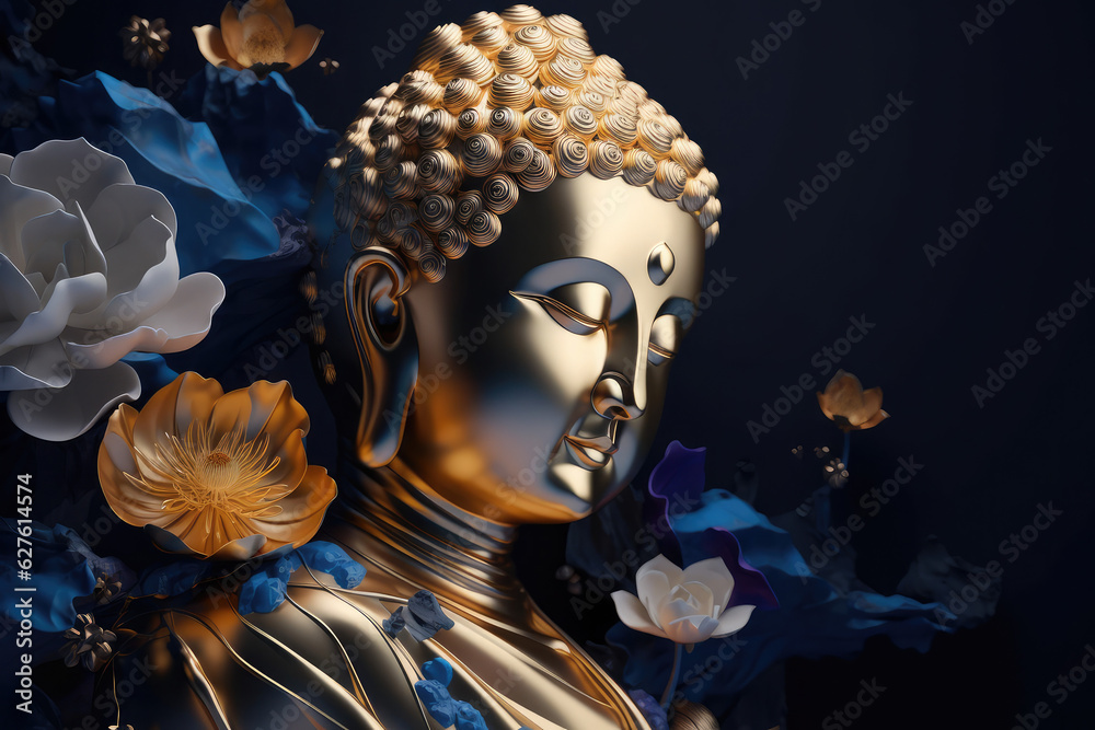 Golden buddha and lotuses, generative AI